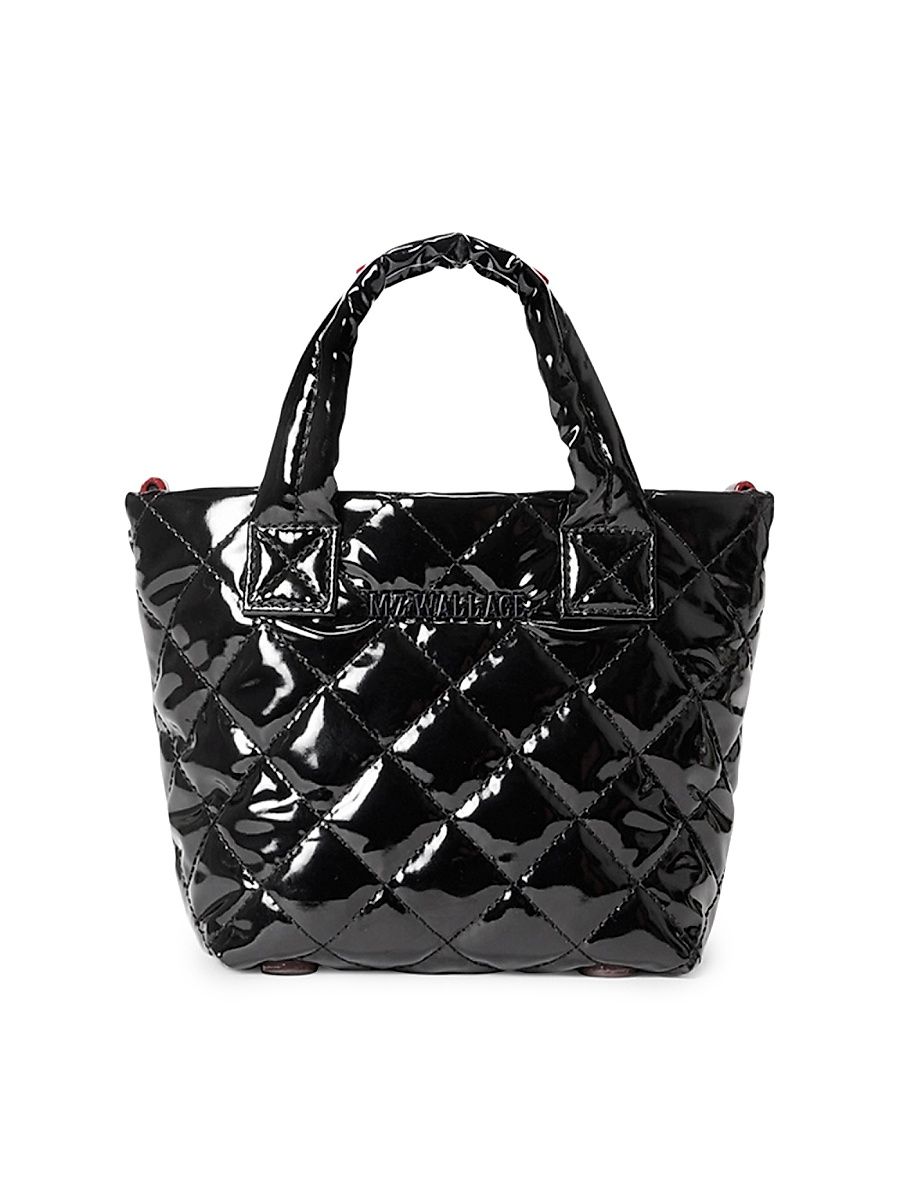 Women's Petite Metro Deluxe Quilted Patent Leather & Nylon Tote Bag - Black