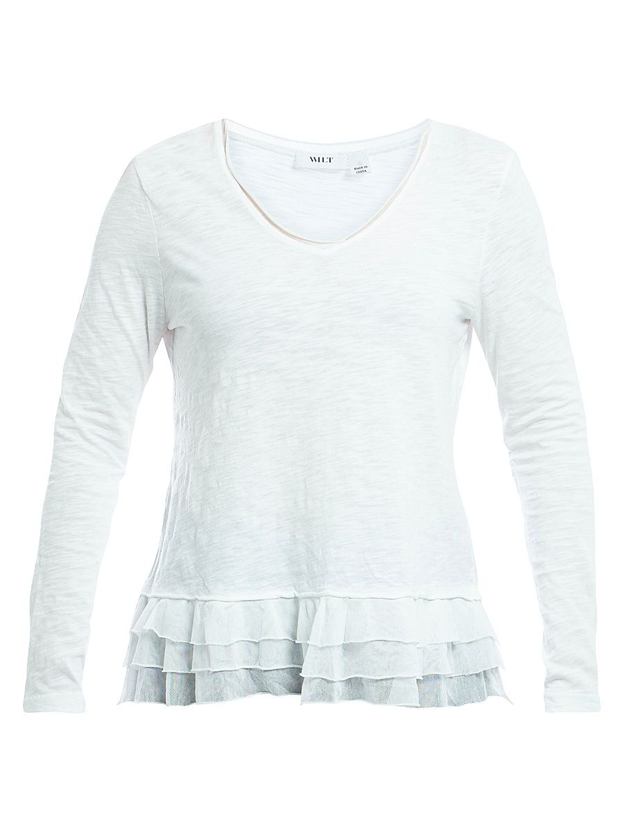Women's V-Neck Mixed Media Long Sleeve Tee - White - Size Large