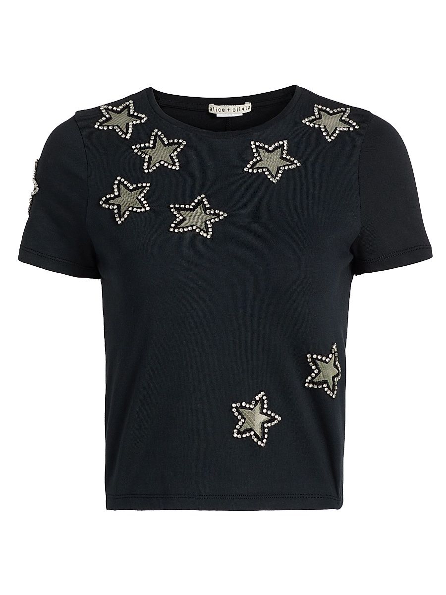 Women's Cindy Crystal Star Crop T-Shirt - Black - Size Medium