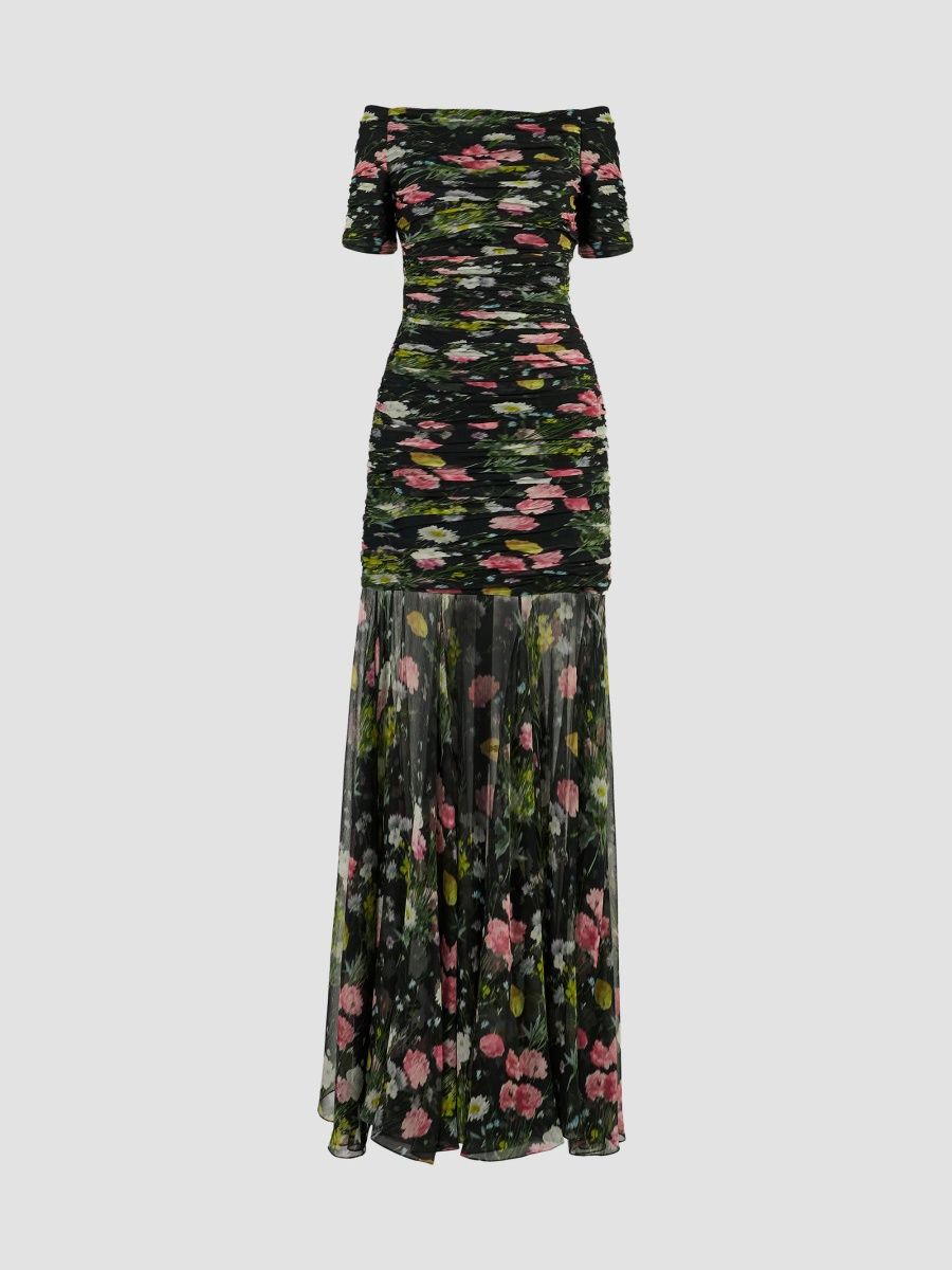 Carolina Herrera Women's Floral Silk Ruched Off-Shoulder Gown - Black Multi - Size 12