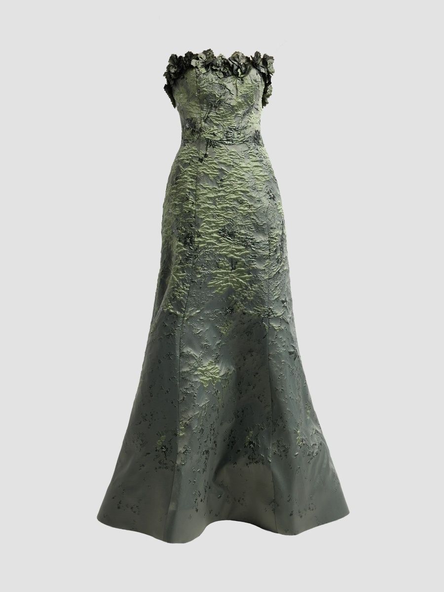 Rene Ruiz Collection Women's Jacquard Floral Appliqué Mermaid Gown - Sage - Size 16