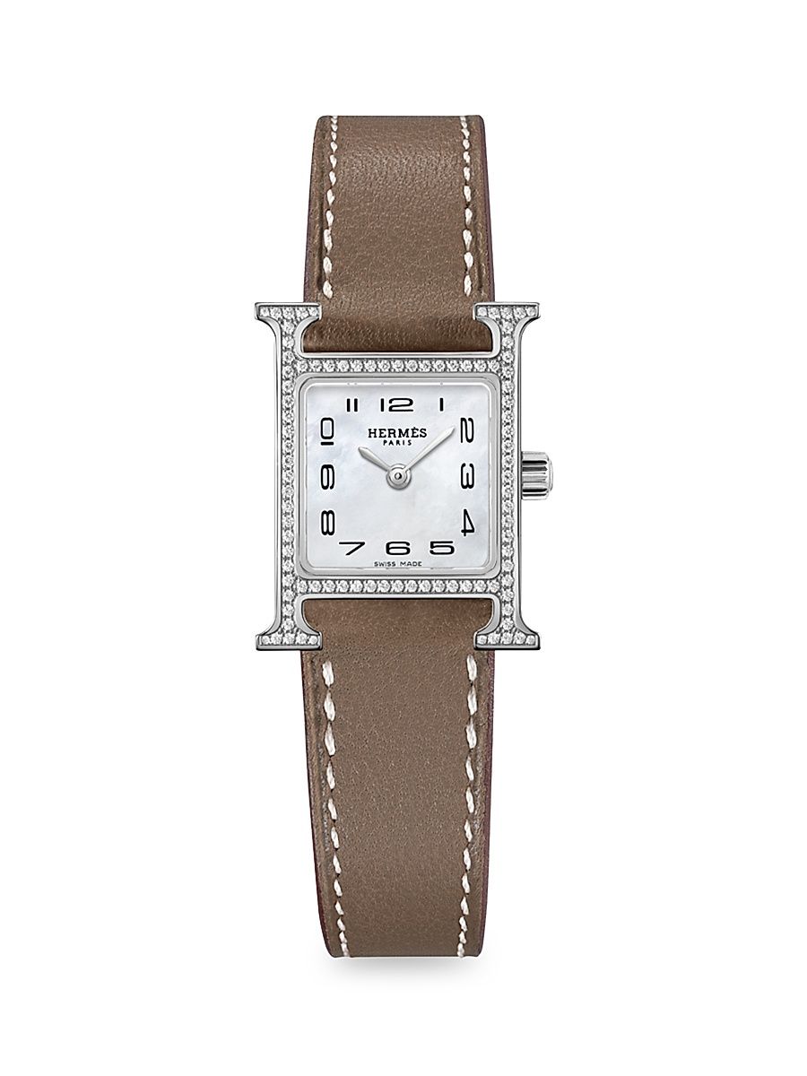 Women's Heure H 21MM Stainless Steel, Diamond & Leather Strap Watch - Brown