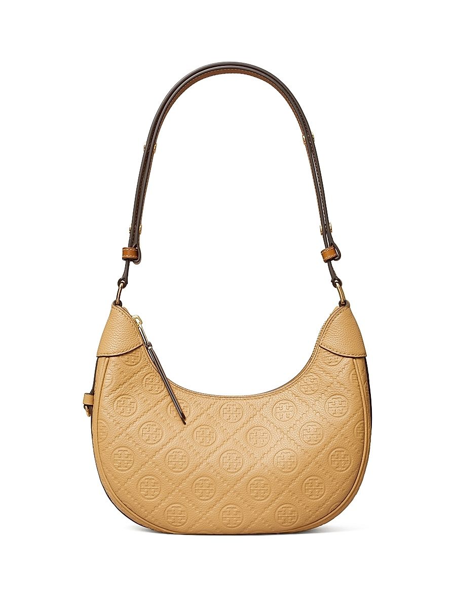 Women's T Monogram Pebble Leather Shoulder Bag - Biscotti