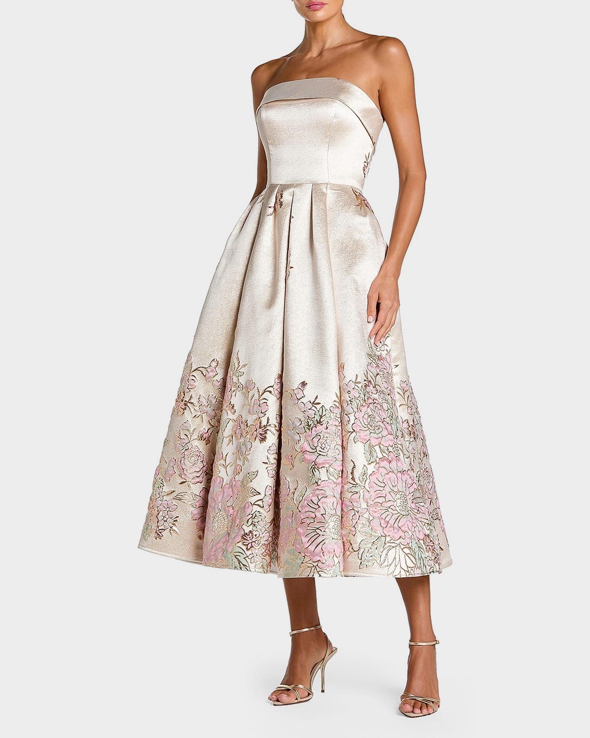 Strapless Brocade A-Line Midi Dress