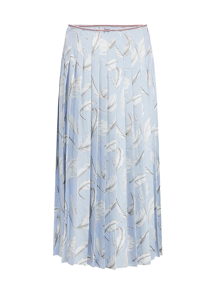Women's Pleated Feather-Print & Striped Silk Midi-Skirt - Light Blue - Size 10