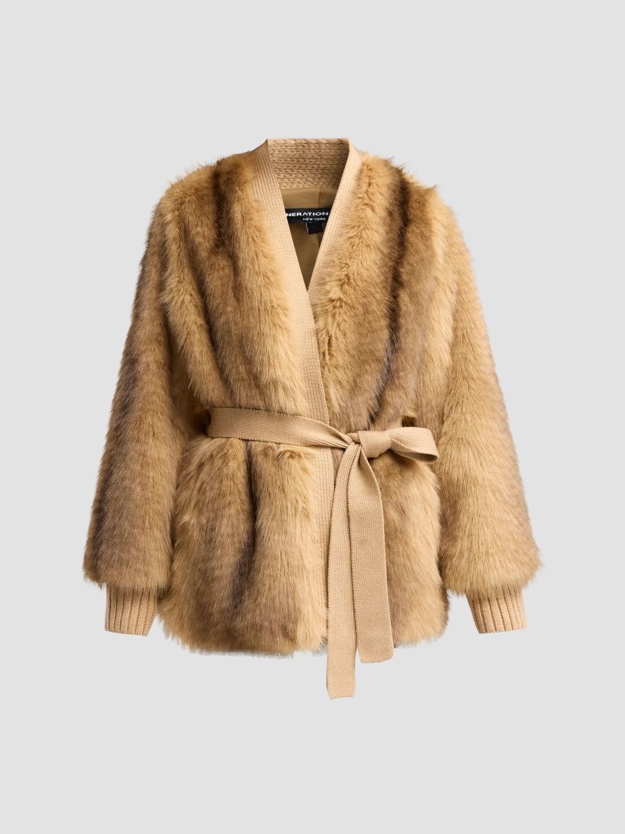 Generation Love Women's Heloise Faux Fur Belted Wrap Coat - Toasted Brown - Size XL
