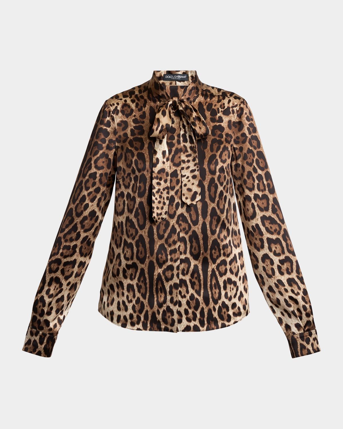 Neck-Tie Leopard-Print Silk Shirt