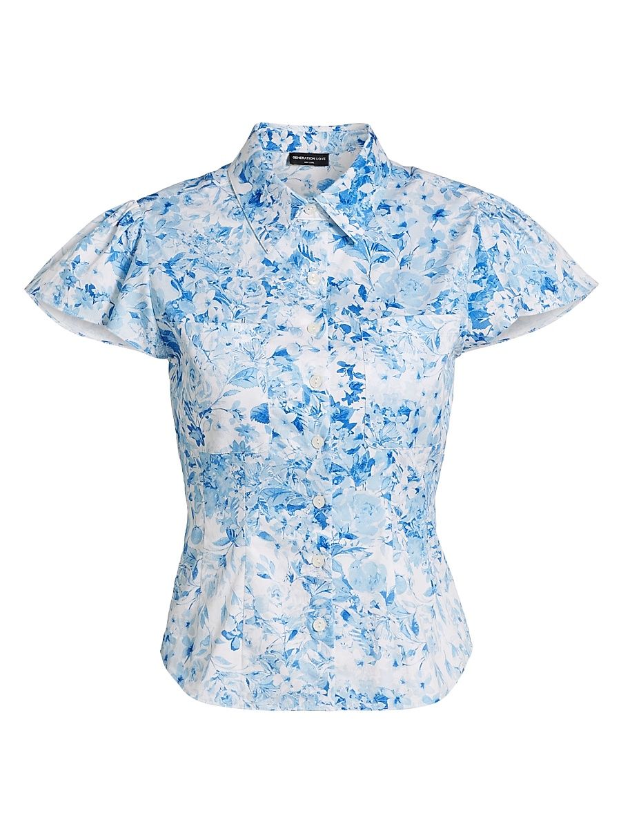 Women's Francesca Floral Poplin Cap-Sleeve Shirt - Zesty Floral White Blue - Size XL