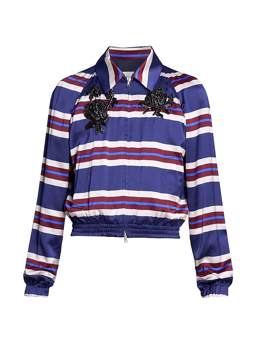 Men's Embellished Striped Satin Jacket - Navy - Size XL