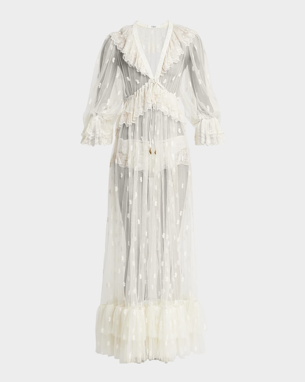 Long Lace Ruffled Drawstring Dress