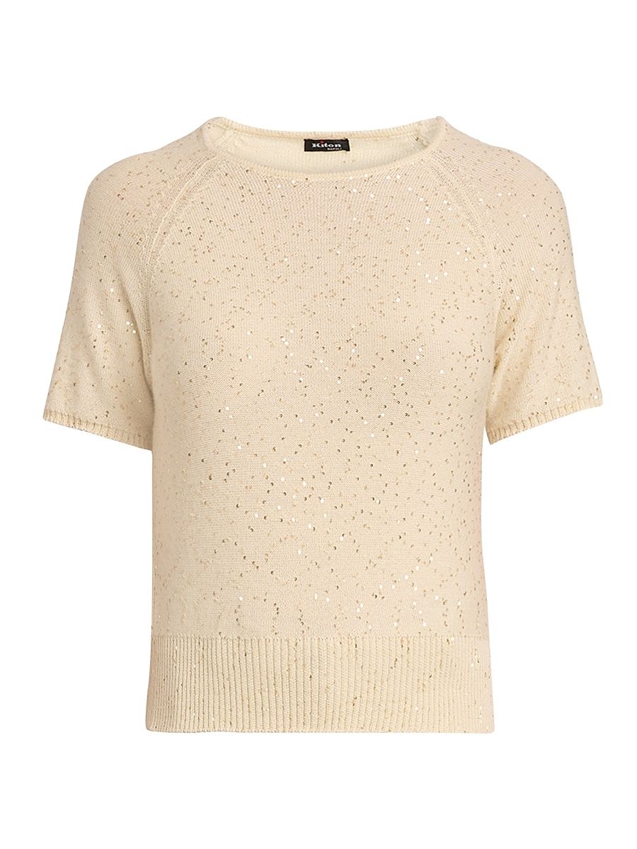 Women's Sequined Cashmere Short-Sleeve Sweater - Cream White - Size 12