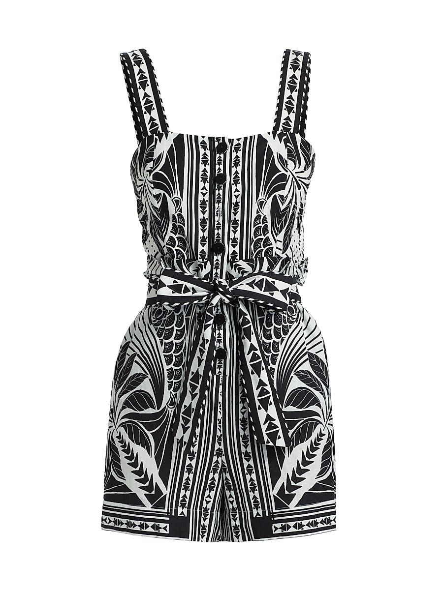 Women's Monochrome Linen-Blend Botanical-Print Romper - Off White - Size XL