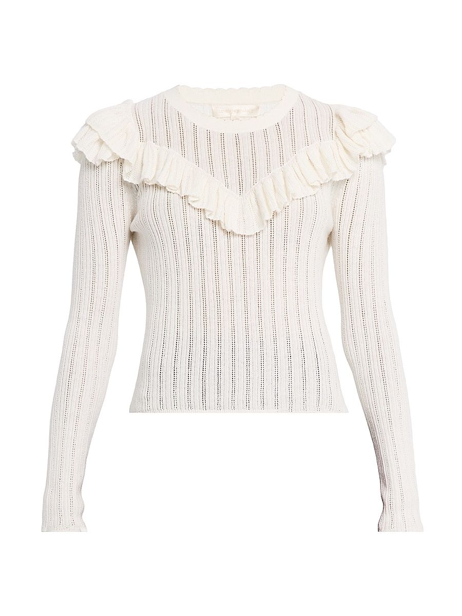 Women's Presla Pointelle Ruffle Sweater - White - Size XXL