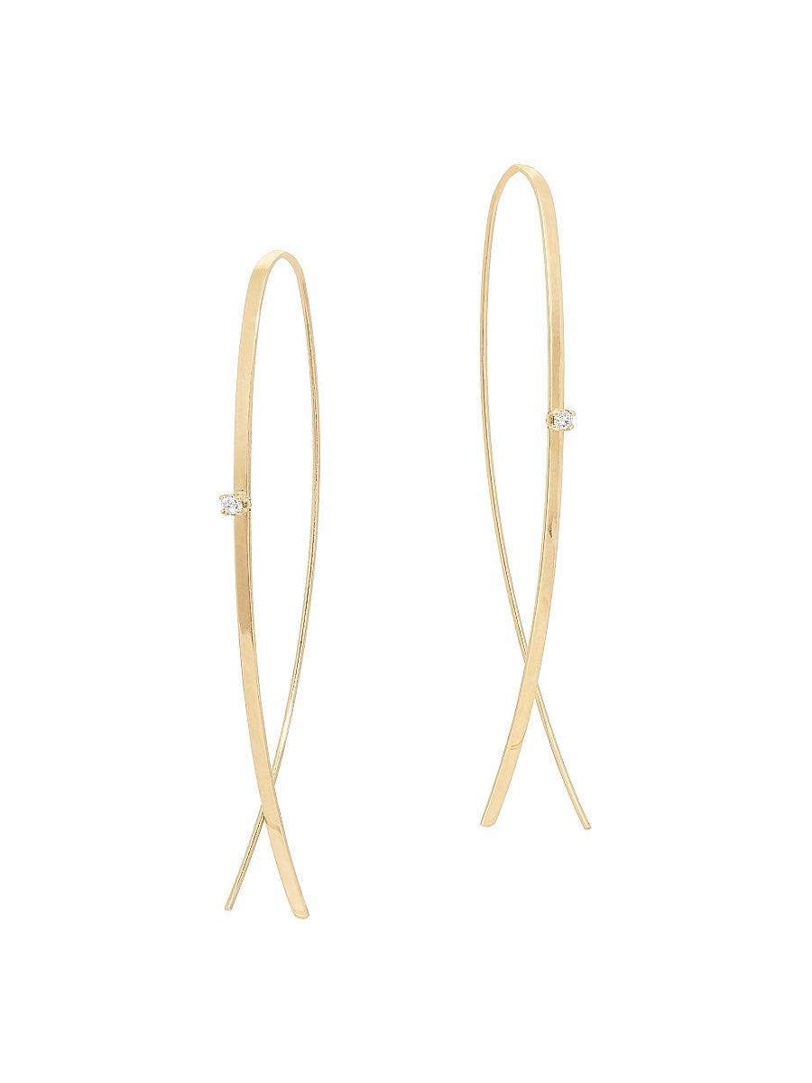 Women's Narrow Flat Upside Down 14K Yellow Gold & Diamond Hoop Earrings - Yellow Gold