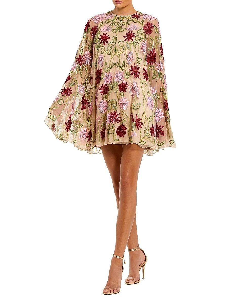 Women's Cocktail Embellished Floral Mesh Cape Minidress - Beige Multi - Size 12
