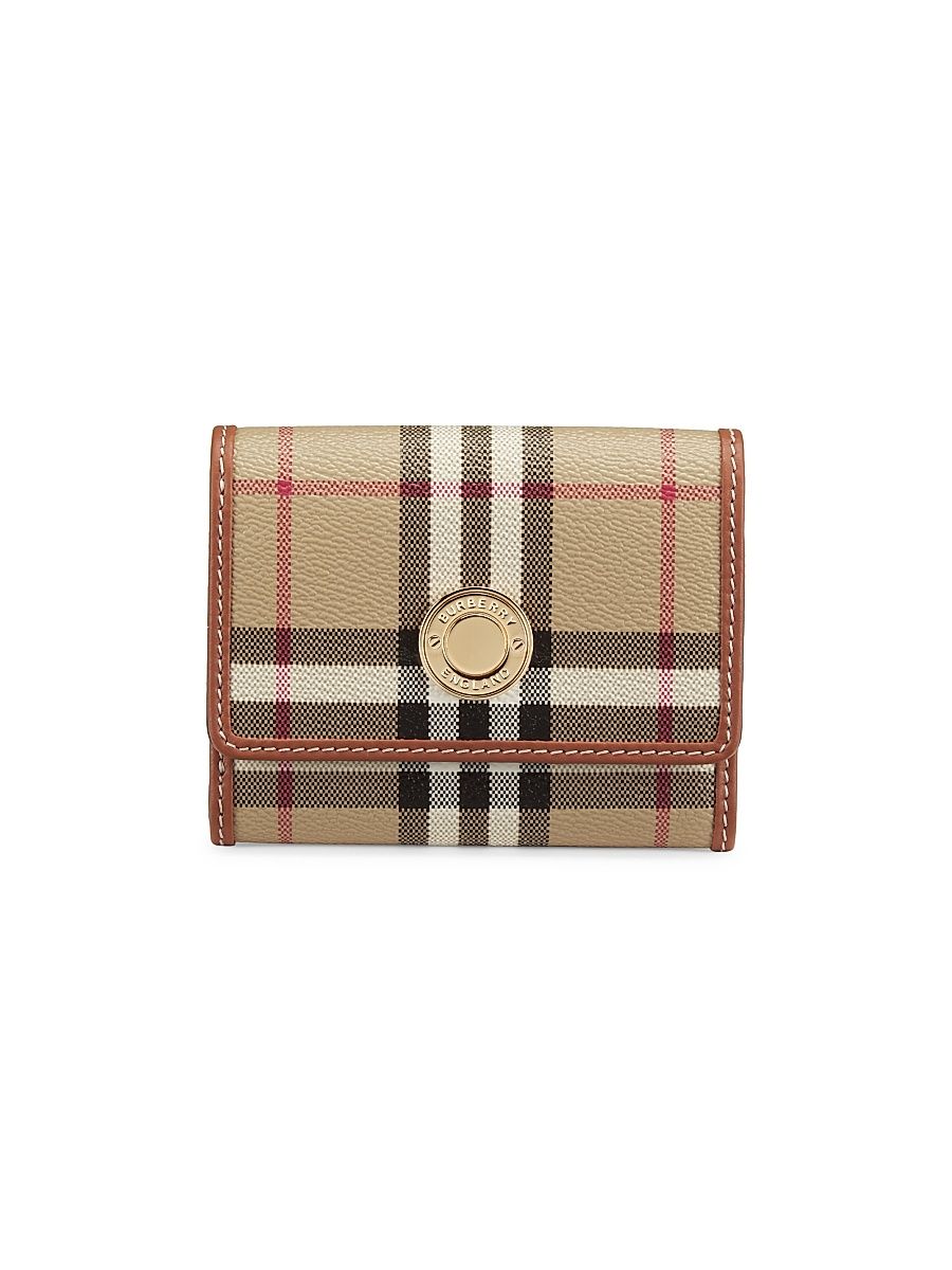 Women's Check & Leather Trifold Wallet - Beige