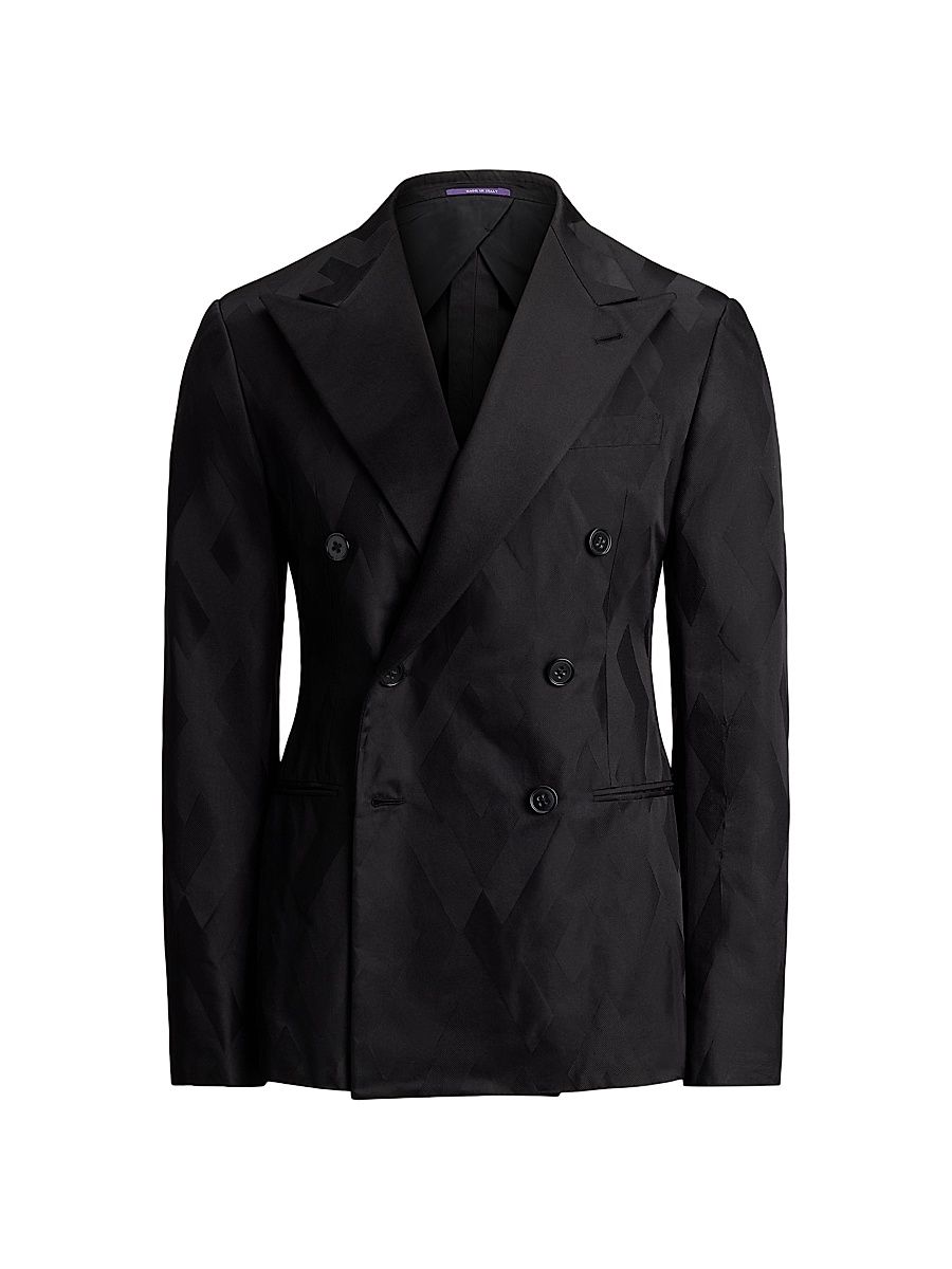 Men's Kent Geometric Jacquard Cotton-Silk Double-Breasted Sport Coat - Black Tonal - Size 48