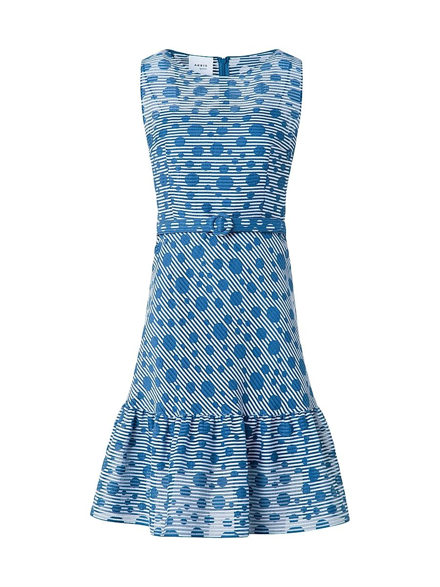 Women's Striped Polka Dot Jacquard Sleeveless Minidress - Cream Medium Blue - Size 14