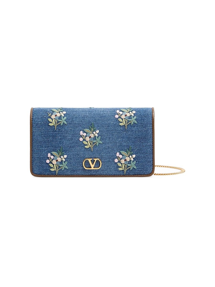 Women's VLogo Signature Mini Shoulder Bag in Denim with Floral Embroidery - Denim