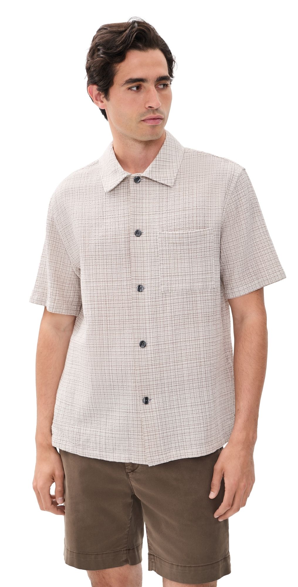 Theory Short Sleeve Shirt in Mini Textured Check Morel Multi XL