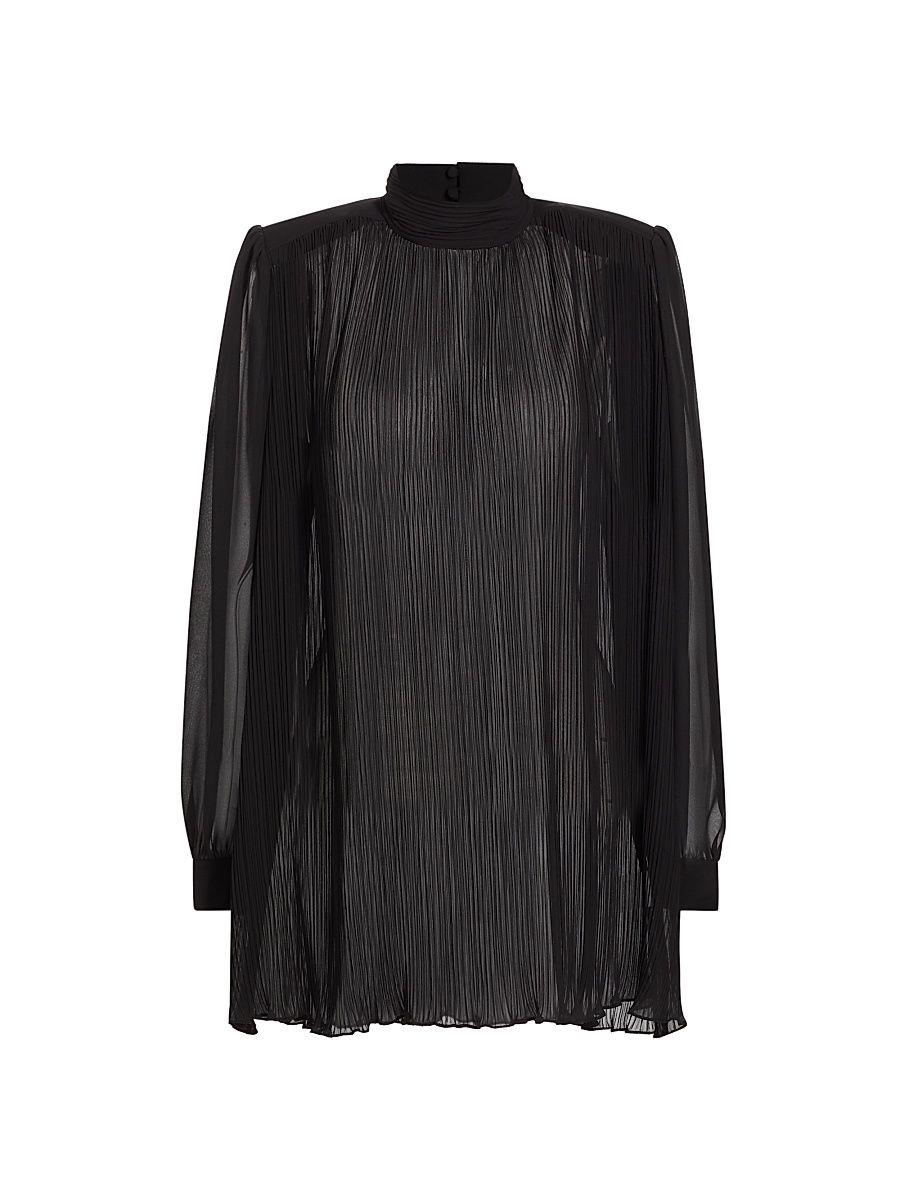 Women's Strong Shoulder Pleated Satin Blouse - Black - Size Small