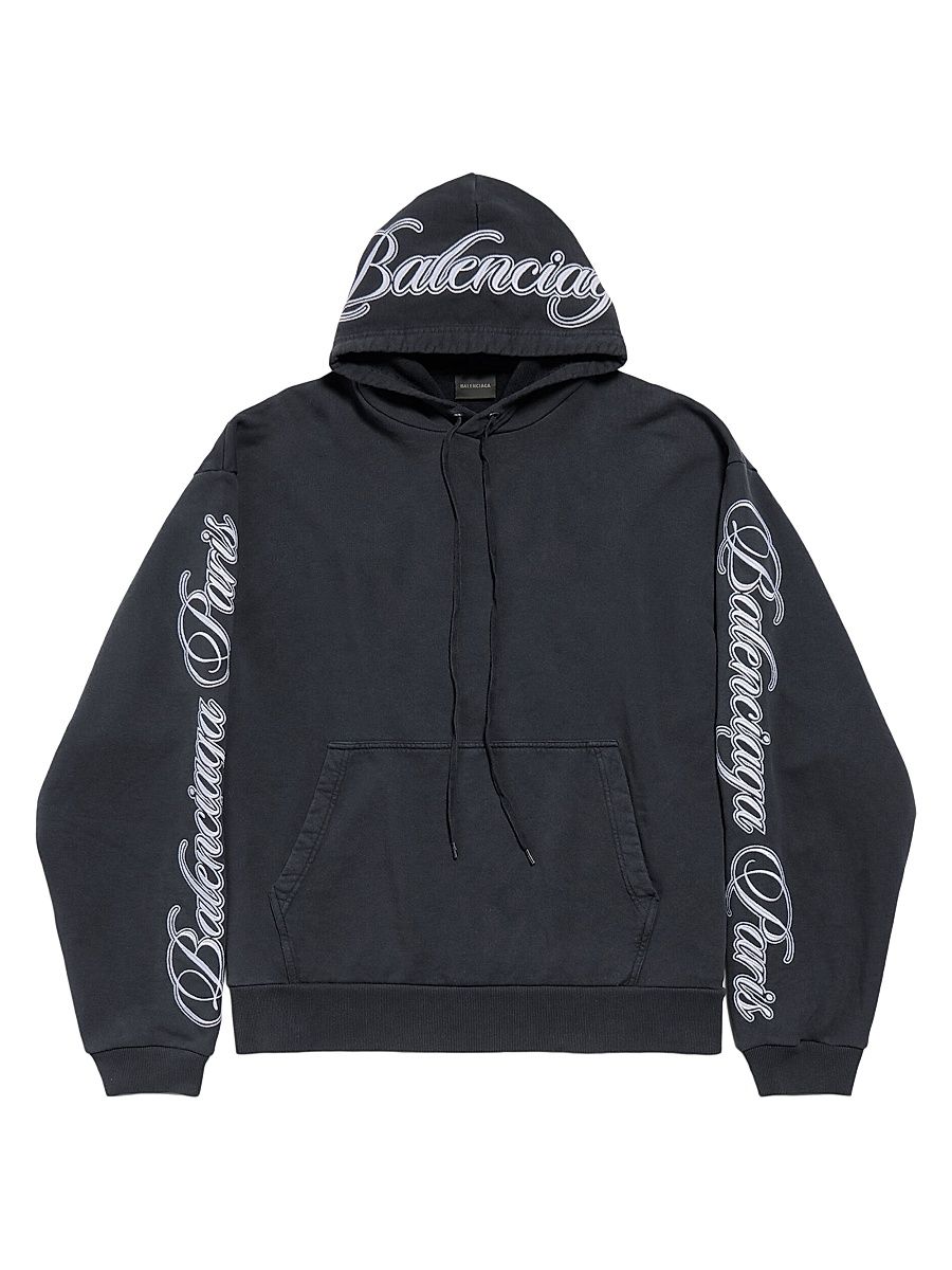 Men's Cursive Oversized Hoodie - Washed Black White - Size XXL