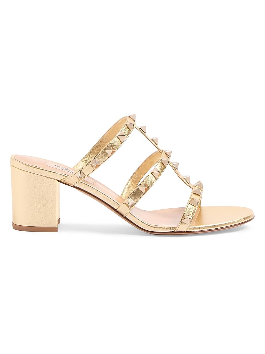 Women's Rockstud 60MM Slide Sandals in Laminated Nappa - Antique Brass - Size 12