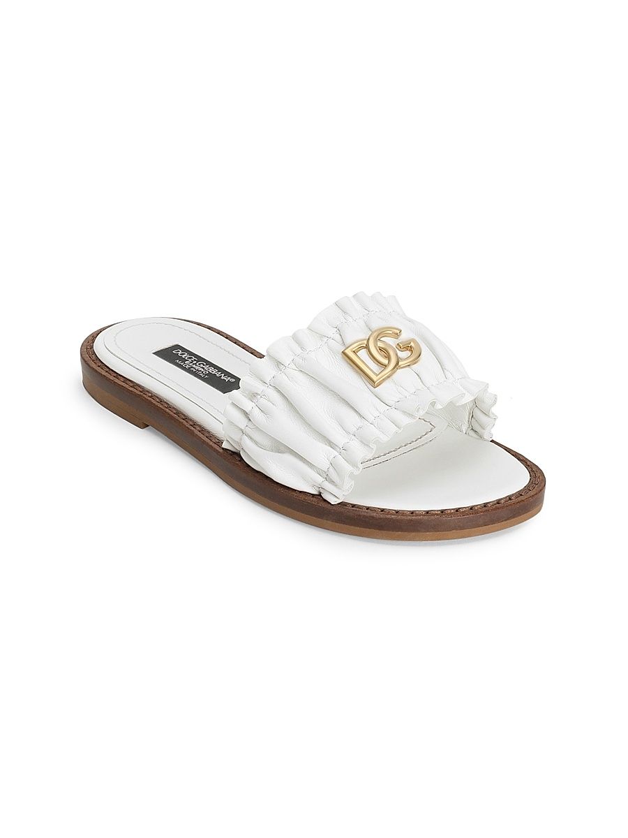 Girl's Logo Leather Slides - Bianco - Size 3 (Child)