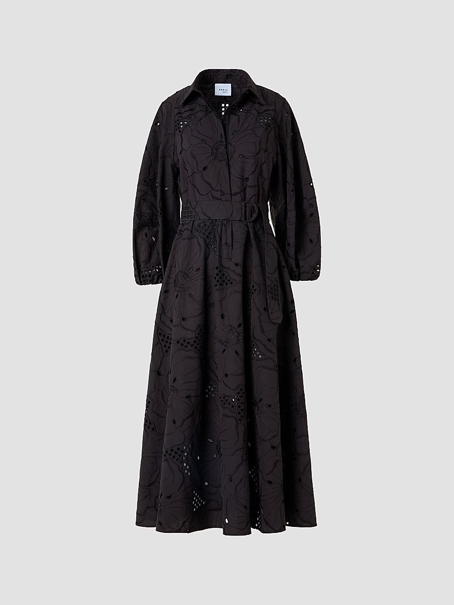 Women's Floral-Embroidered Eyelet Cotton Midi Shirtdress - Black - Size 16