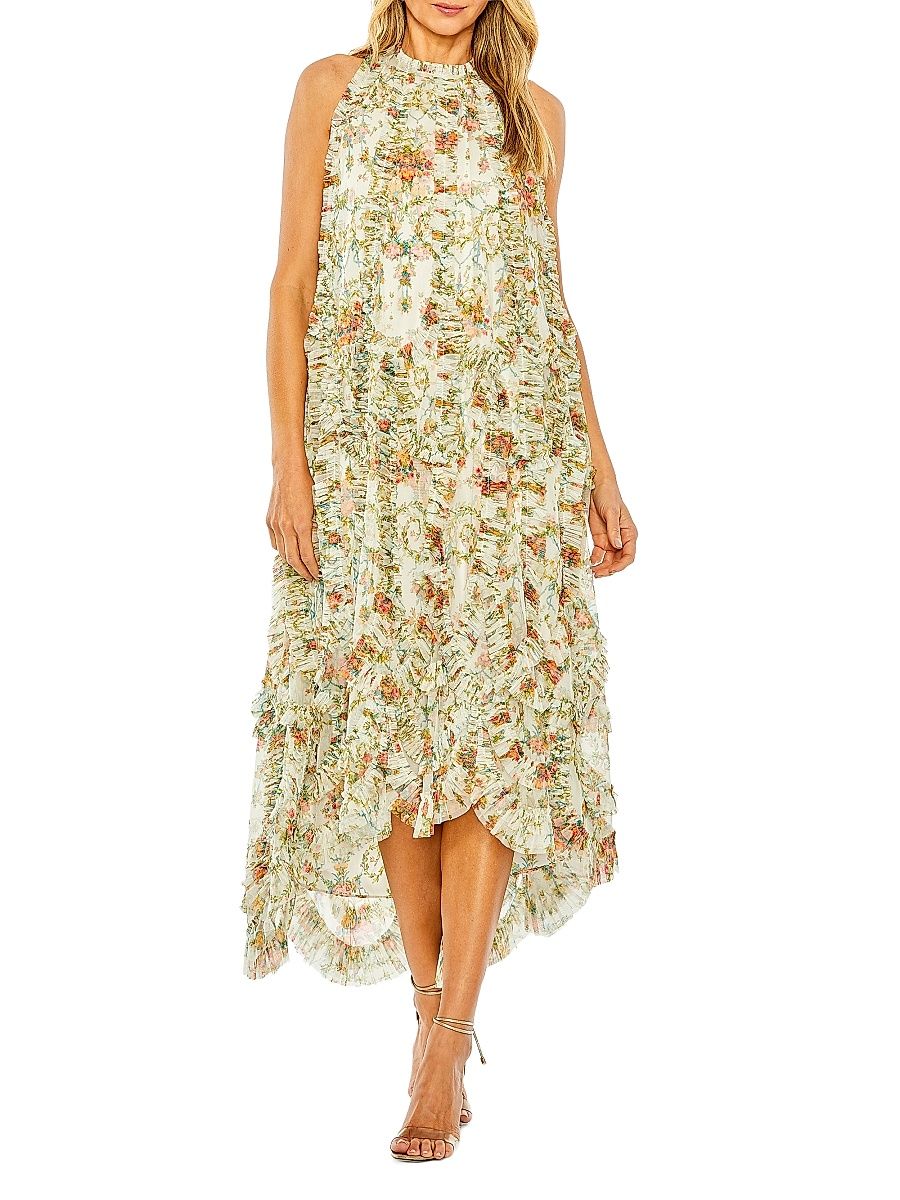 Women's Floral Ruffle Midi-Dress - Ivory Multi - Size XL