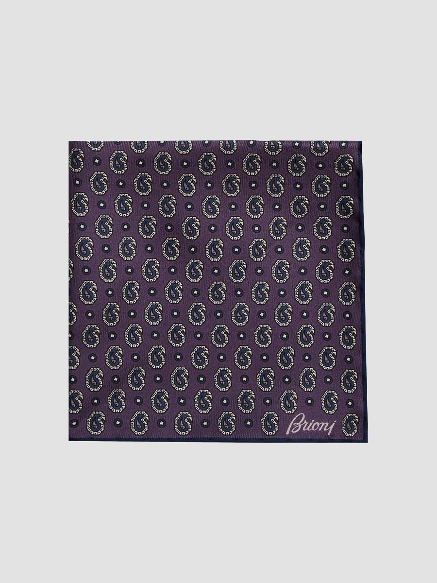 Brioni Men's Hand-Rolled Paisley Silk Pocket Square - Dark Purple