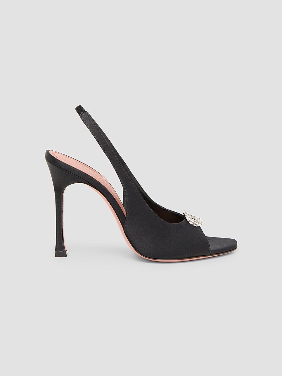 Amina Muaddi Women's Camelia 95MM Silk Satin Slingback Sandals - Black Satin White - Size 12