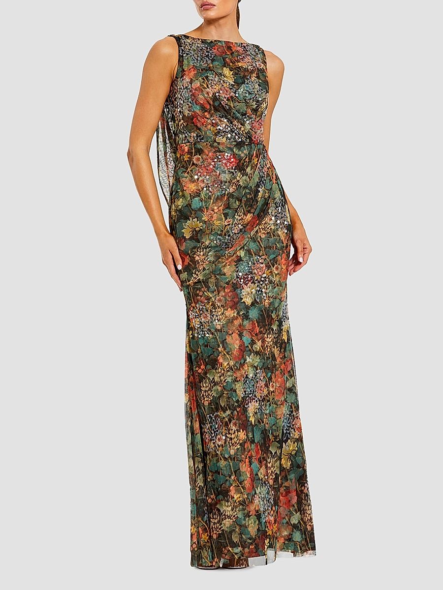 Women's Sequin Floral Mesh Column Gown - Charcoal Multi - Size 14