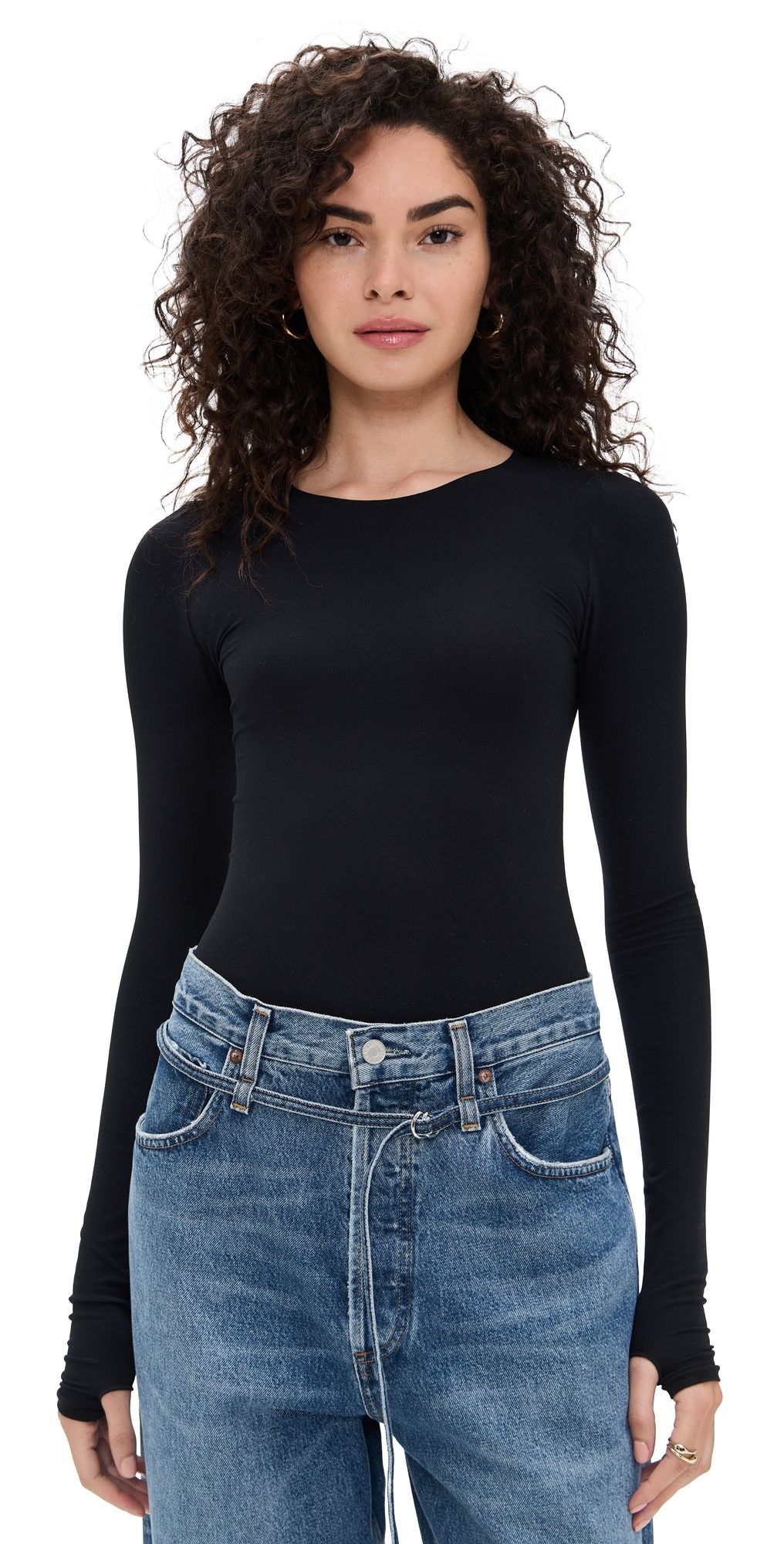 Commando Ballet Crewneck Thong Bodysuit with Thumbholes Black One Size