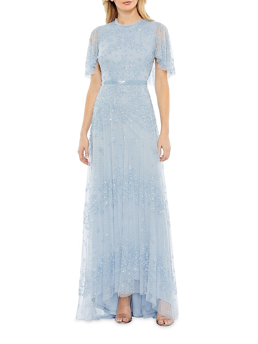 Women's Sequin-Embellished A-Line Tulle Gown - Powder Blue - Size 18