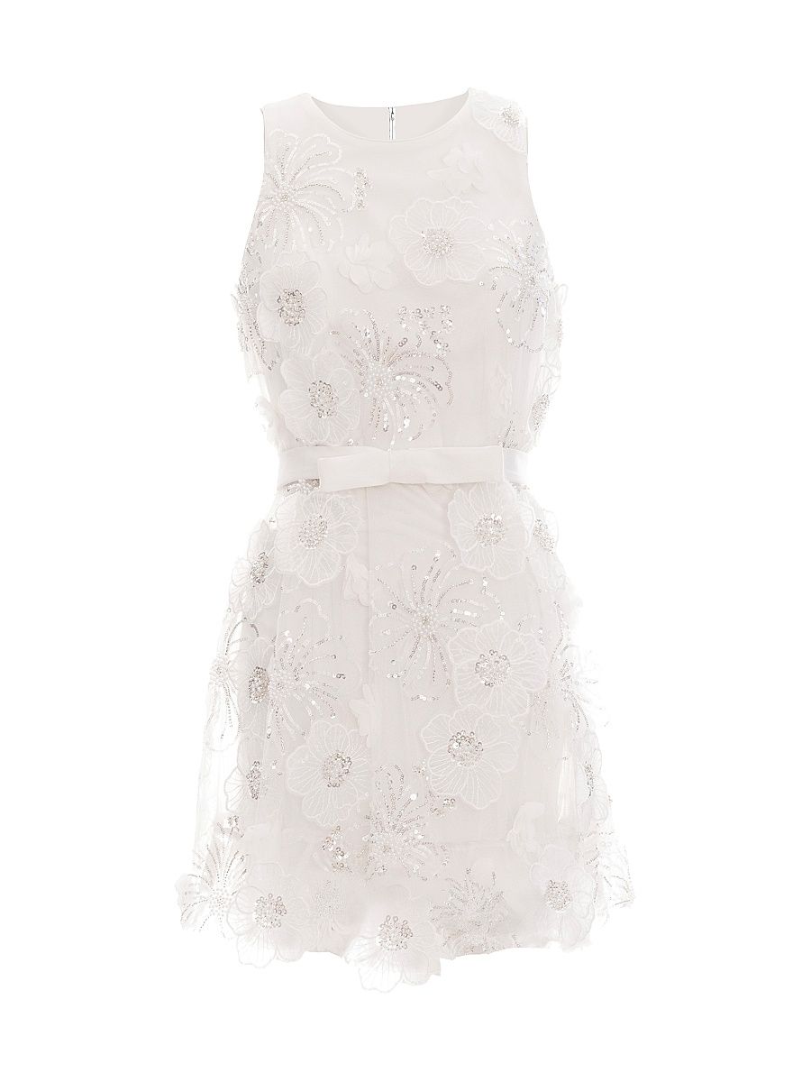 Women's Adeline Sequined Floral Applique Minidress - White - Size XL