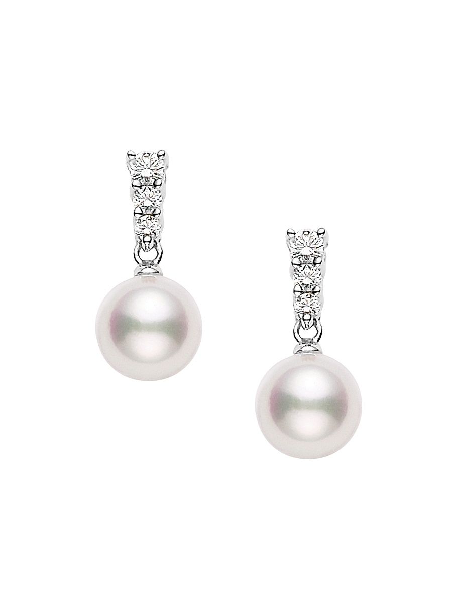 Women's Morning Dew 8MM White Cultured Akoya Pearl, Diamond & 18K White Gold Drop Earrings - Pearl