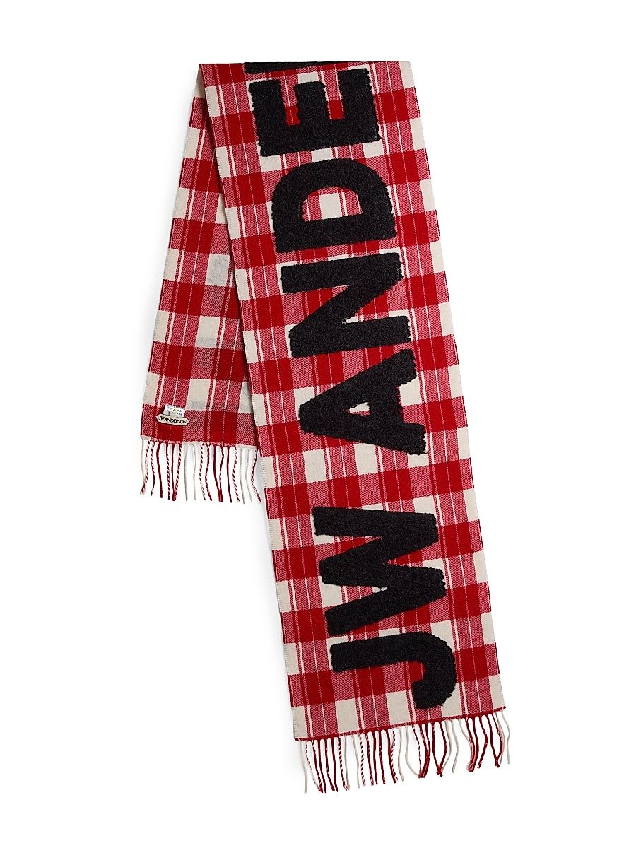 Men's Contrast Logo Plaid Wool-Blend Scarf - Red White