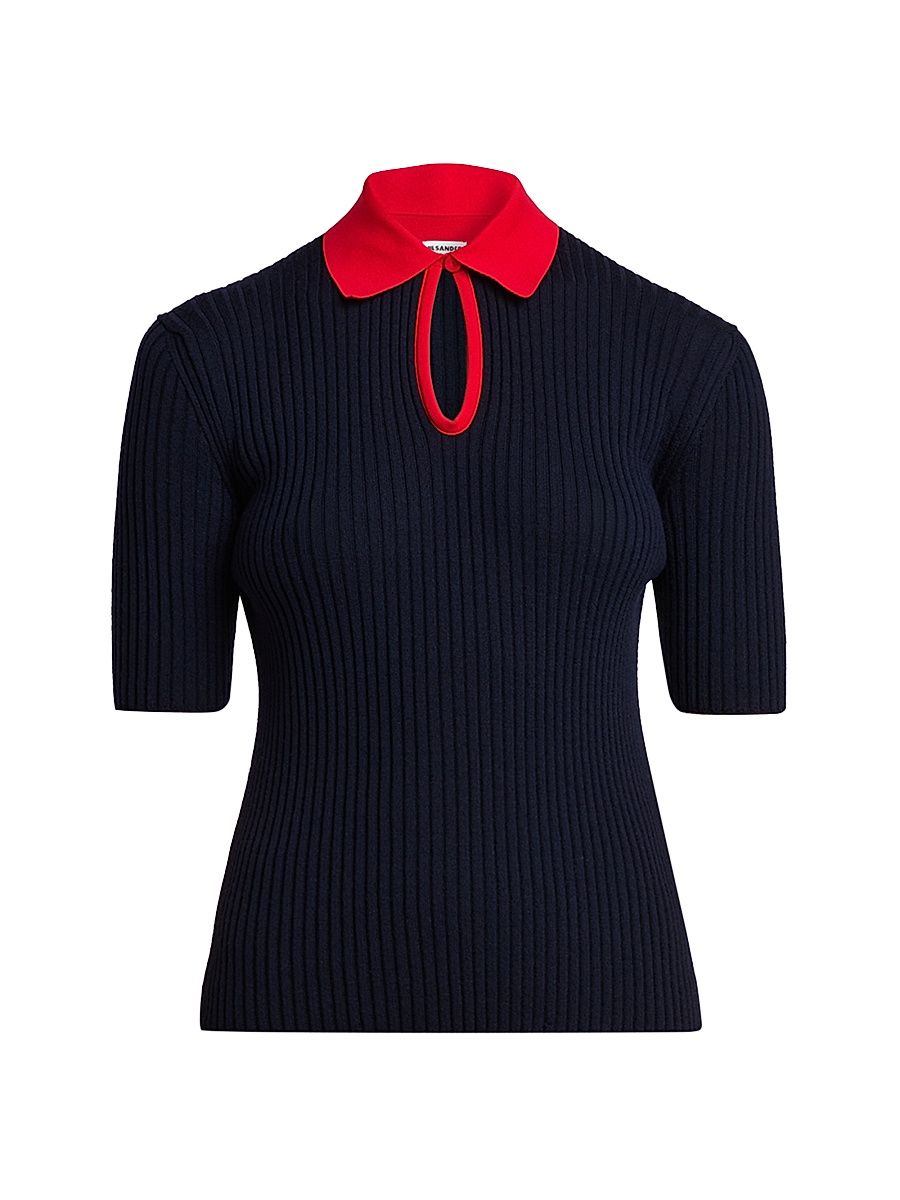 Women's Rib-Knit Wool Polo Shirt - Pencil Blue - Size 14