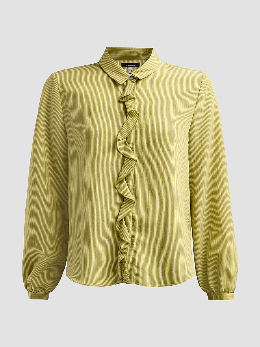 Women's Ruffle Pinstripe Blouse - Green Stripe - Size XS