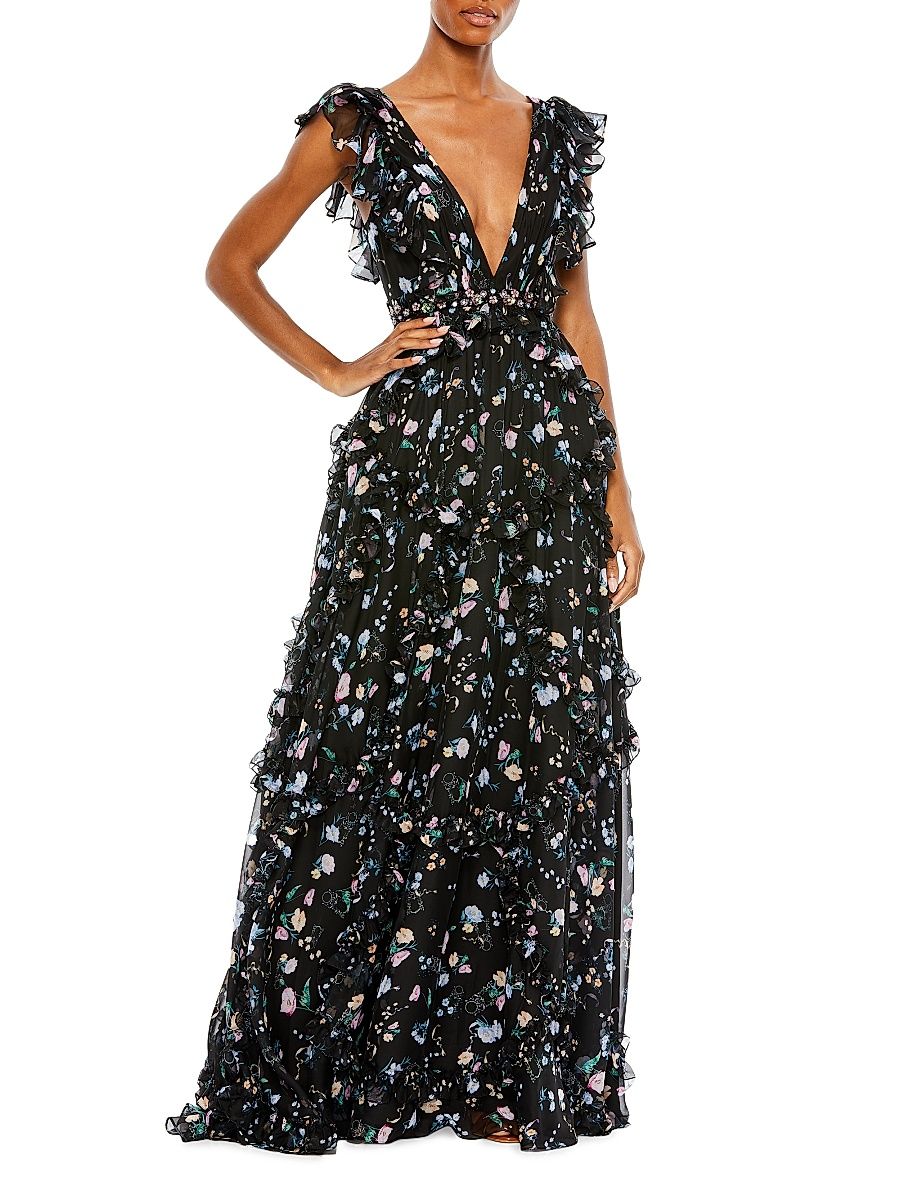 Women's Ieena Floral Ruffle V-Neck Gown - Black Multi - Size 14