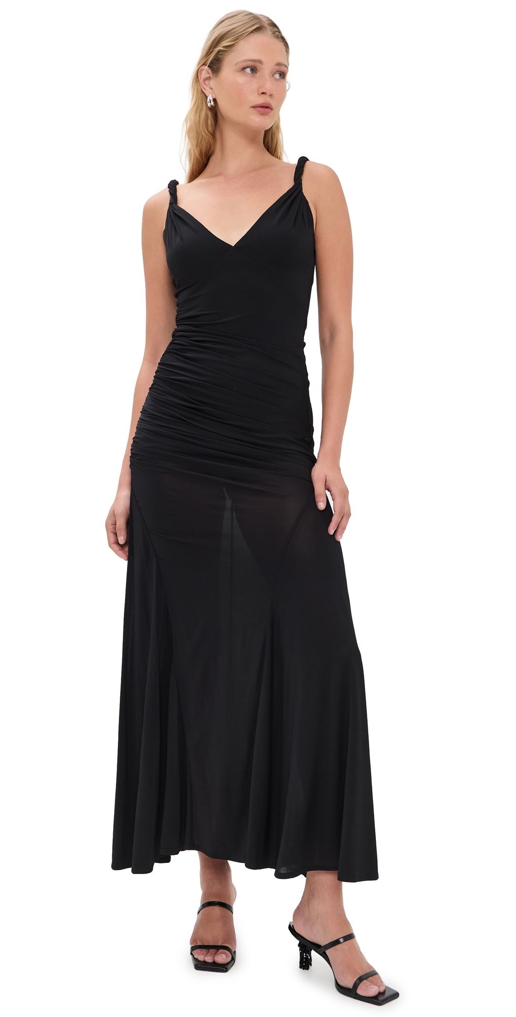 ALICE + OLIVIA Bianca Twist Strap Asymmetrical Godet Midi Dress Black 0