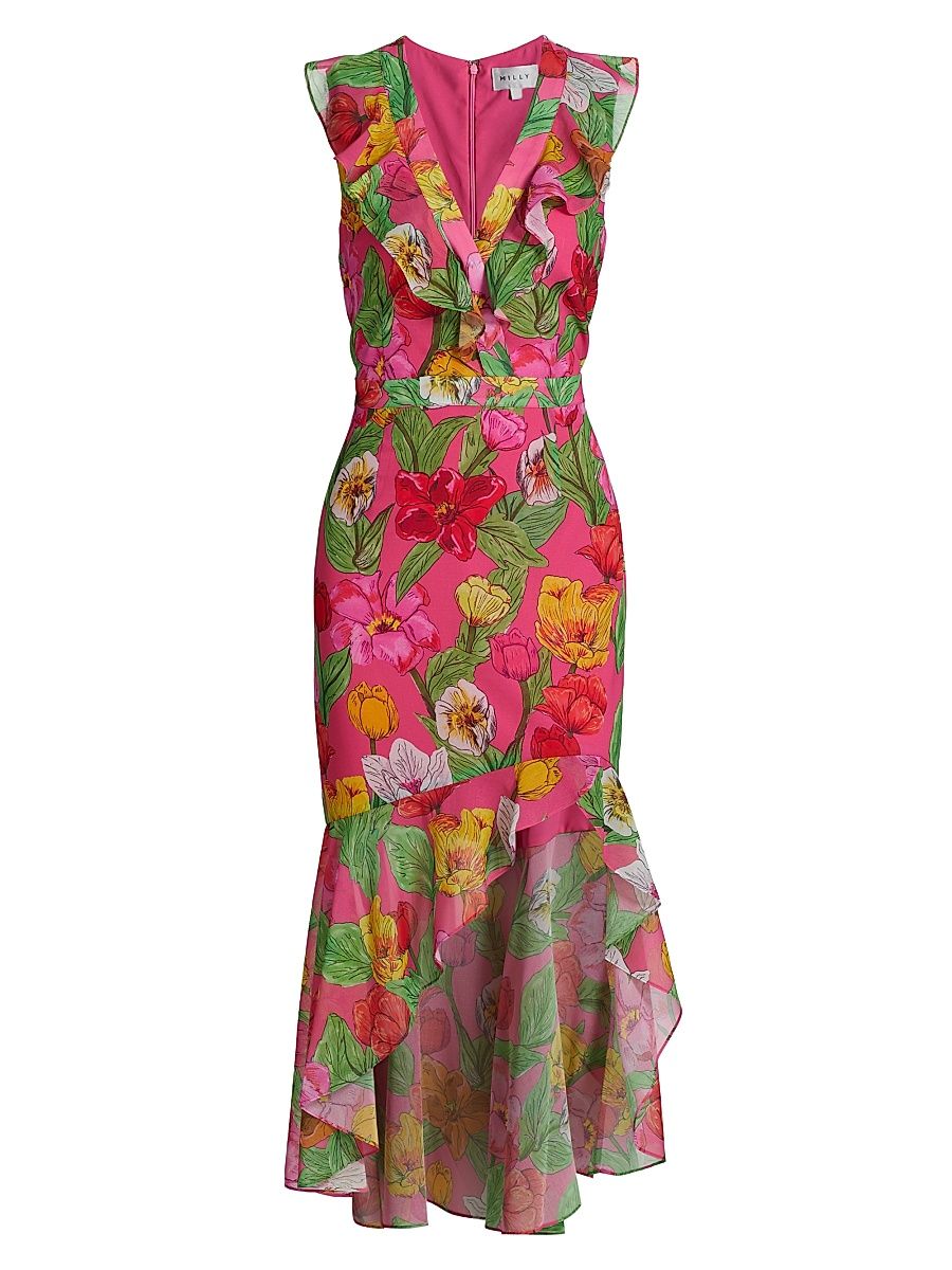 Women's Nanci Tulip Rosette Ruffle Midi-Dress - Pink Multi - Size 10