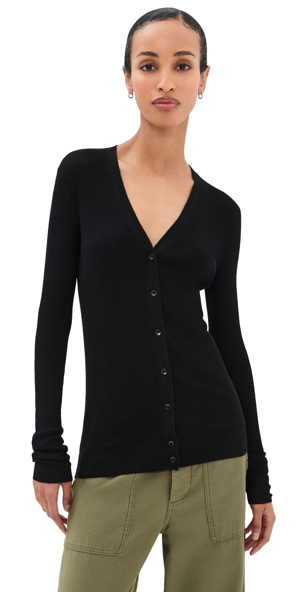 Tibi Feather Weight Ribbed V Neck Slim Cardigan Black XXS