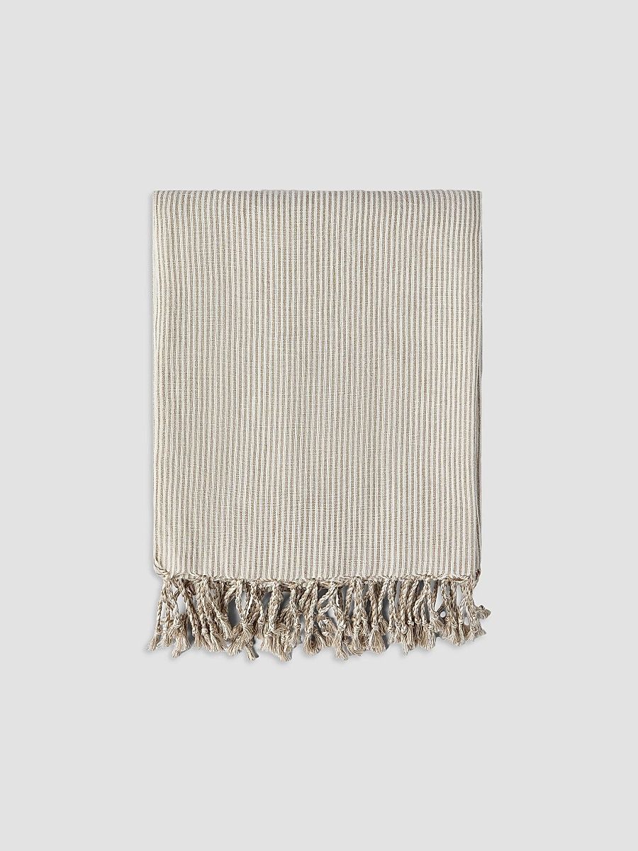 Brunello Cucinelli Striped Linen Lightweight Throw with Fringe - Beige