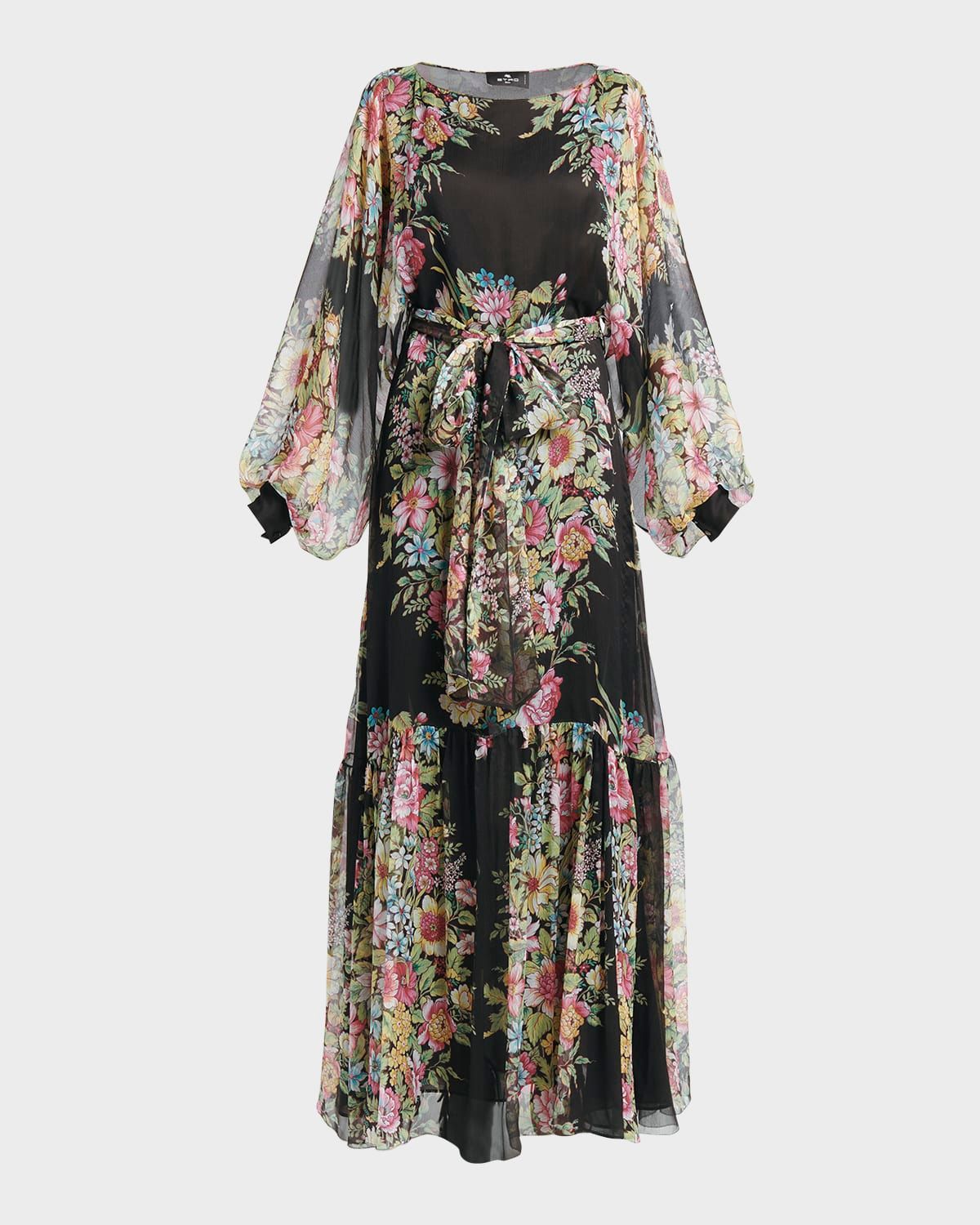 Bouquet Floral-Print Balloon-Sleeve Tiered Silk Dress