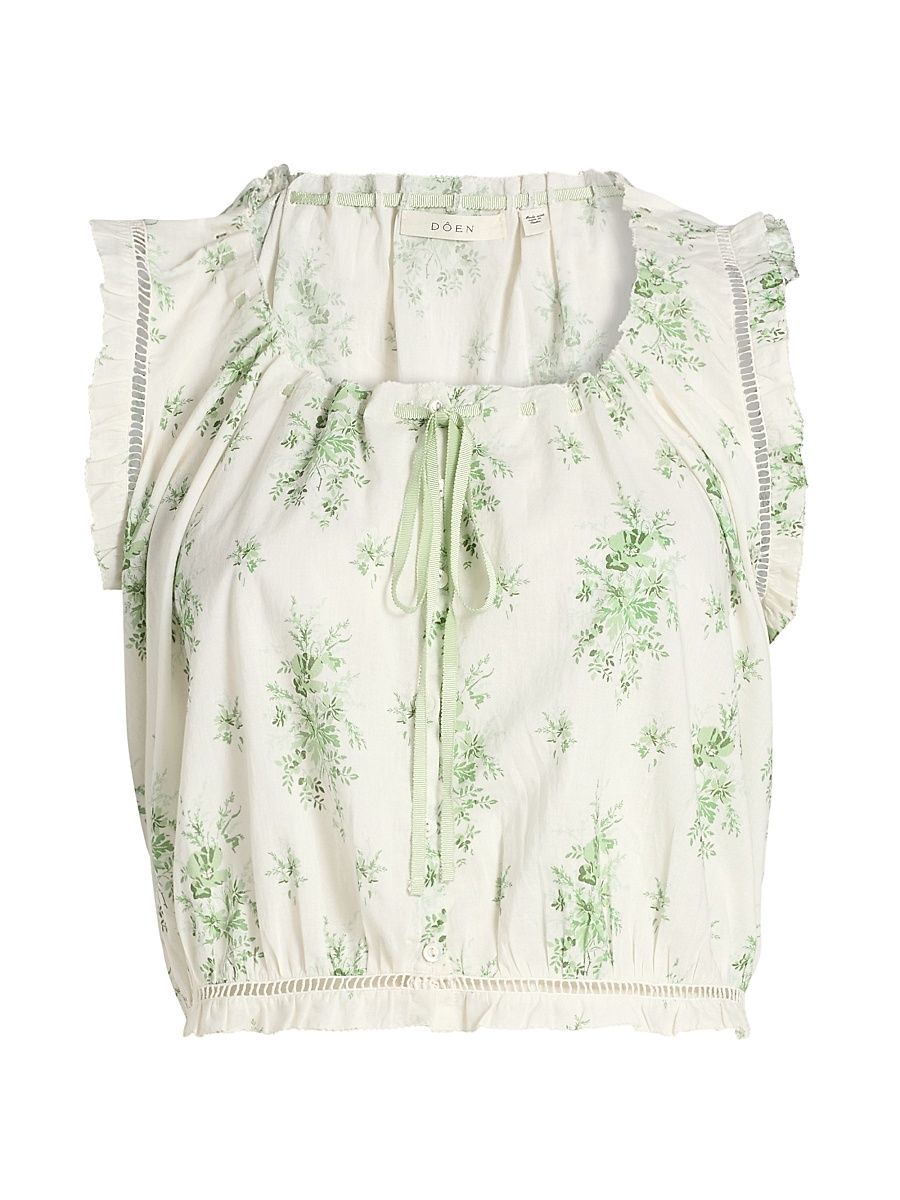 Women's Traveler Botanical Ruffle Crop Top - Green Petit Bouquet Dechamon - Size XS