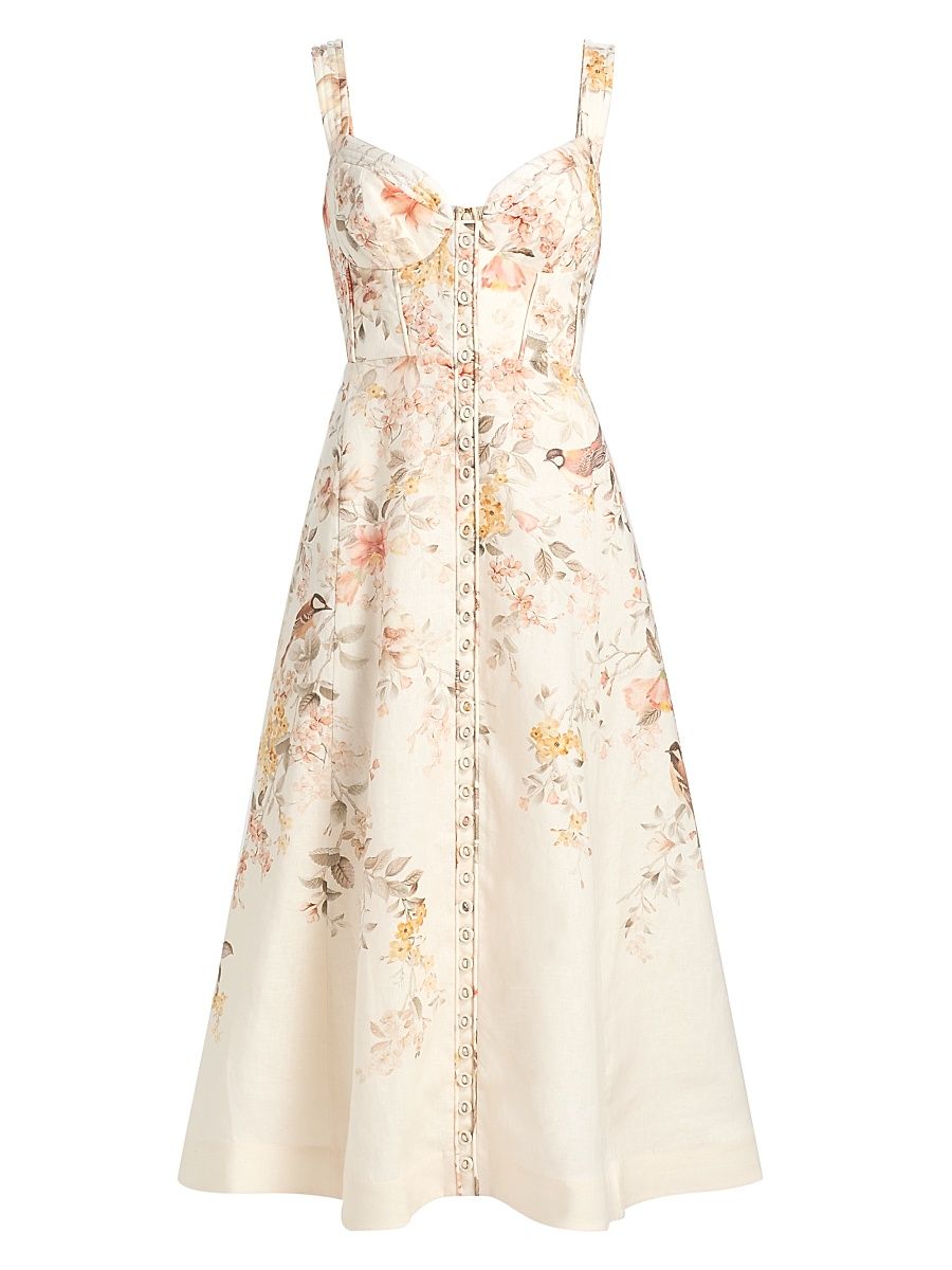 Women's Kindred Spirit Luna Linen Picnic Midi-Dress - Cream Songbird - Size 8