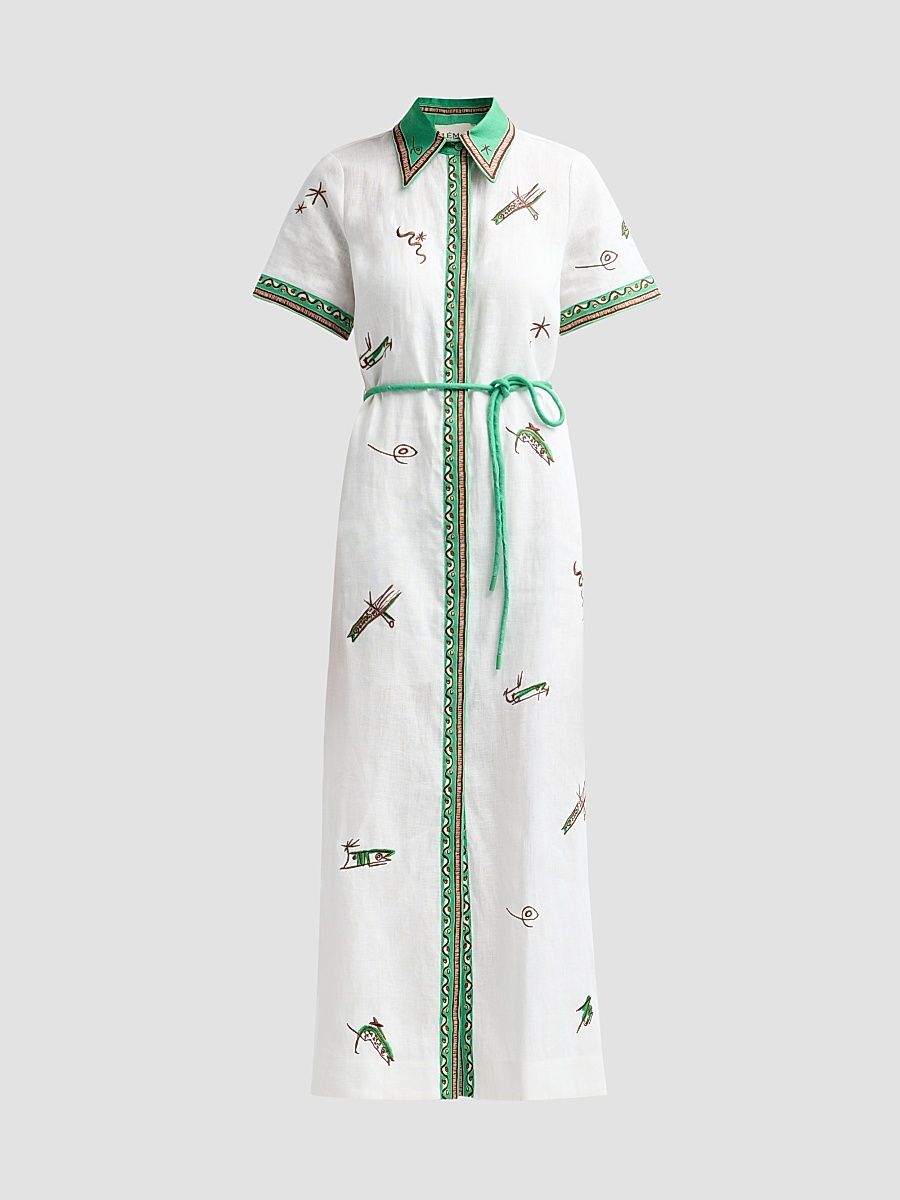 Women's Wanda Embroidered Linen Midi Shirtdress - Ivory - Size 12