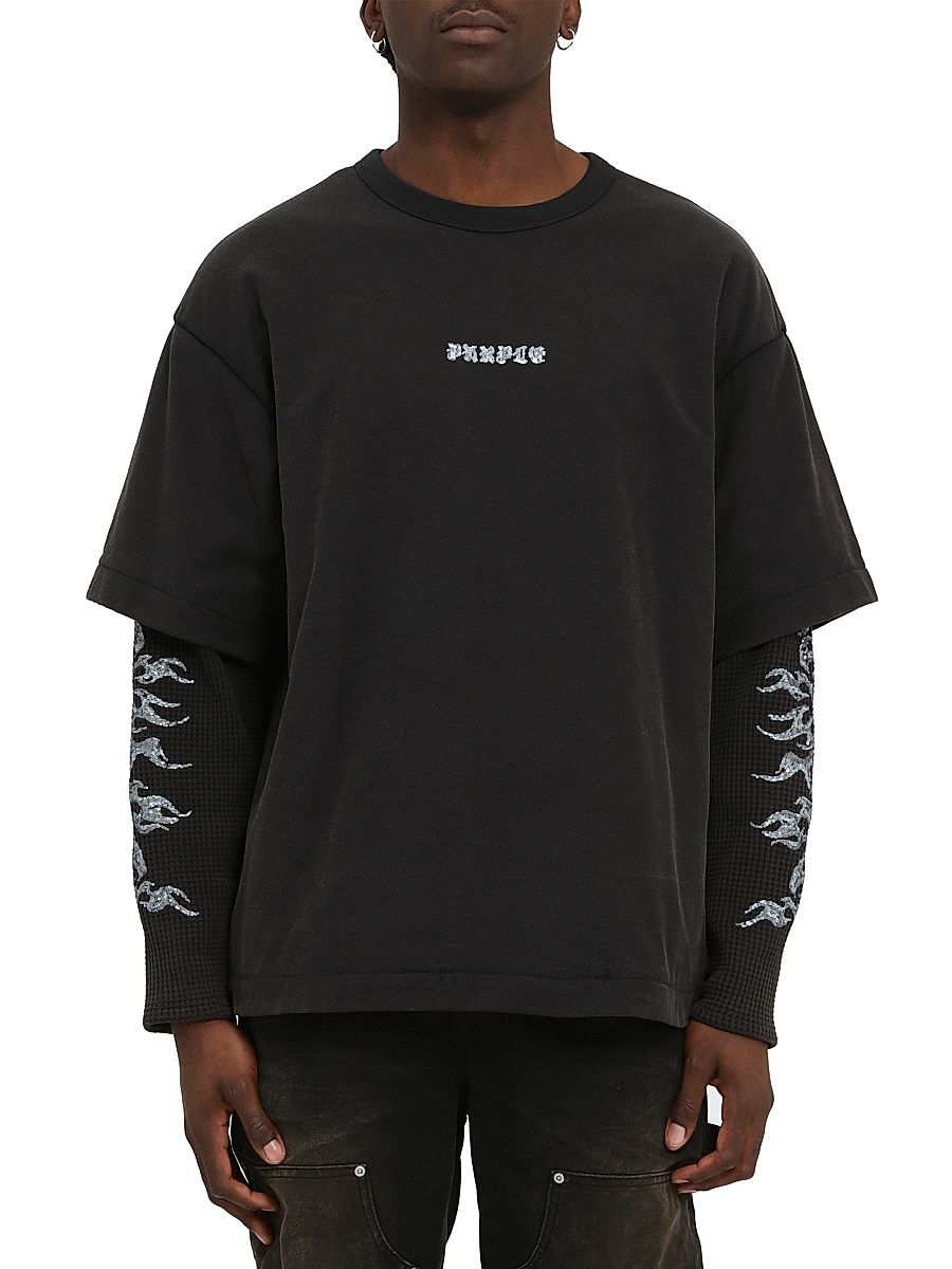 Men's Sequined Jersey Layered T-Shirt - Black - Size XXL